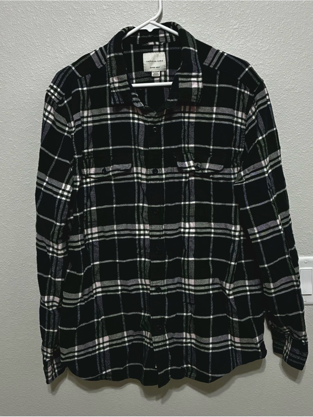 American Eagle Super Soft Navy Green Plaid Flannel Button-Down Shirt Men’s XXL